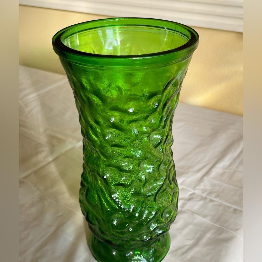 Vintage Green Hoosier Glass Vase MCM Crinkle Texture Retro Decor